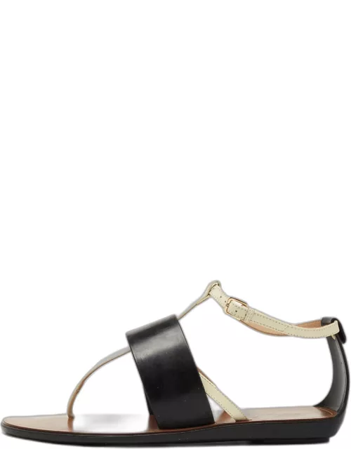 Sergio Rossi Black/White Leather and Rubber Flat Ankle Strap Sandal
