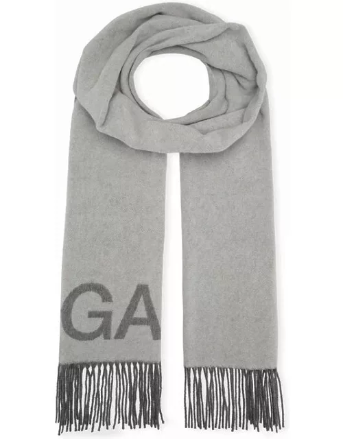 GANNI Fringe Logo Scarf in Grey Wool Women'