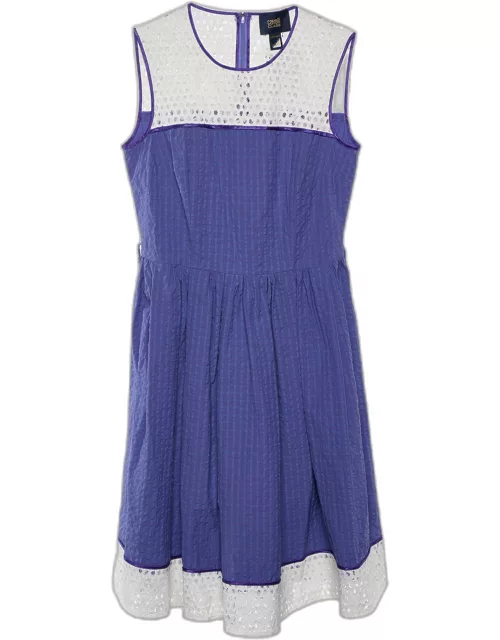 Cavalli Class Purple Seersucker Cotton & Lace Sleeveless Dress