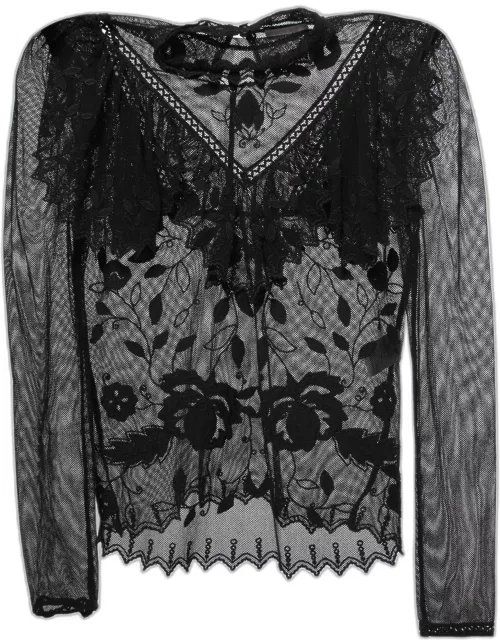 See by Chloe Black Embroidered Cotton Blend Ruffled Mesh Top