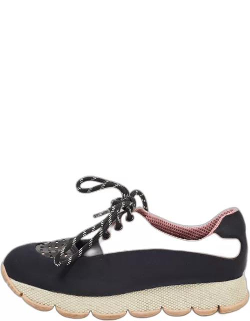 Prada Sport Black/Pink Leather and Neoprene Cut Out Low Top Sneaker