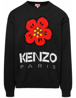 Kenzo Black Crewneck Jumper With Logo And Boke Flower On The Chest In Cotton Man