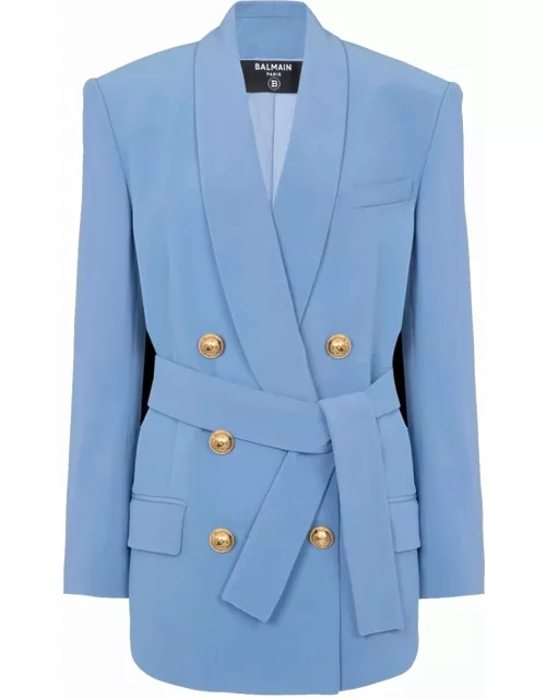 Double-breasted blazer with belt Light blue