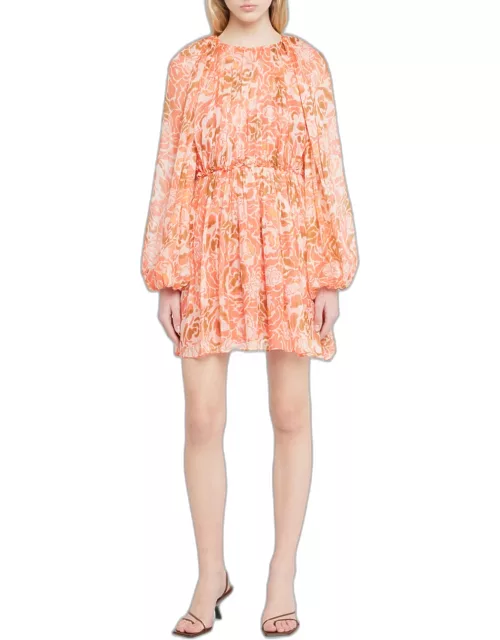 York Floral Linen-Silk Blouson-Sleeve Mini Dres