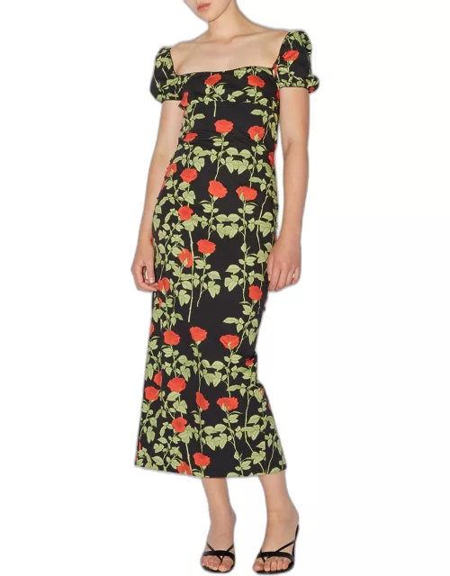 Floral Print Fitted Midi Dres