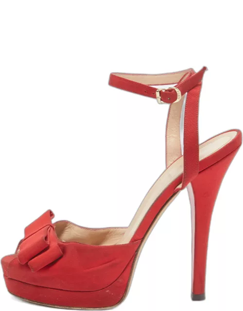 Fendi Red Fabric Bow Ankle Strap Platform Sandal