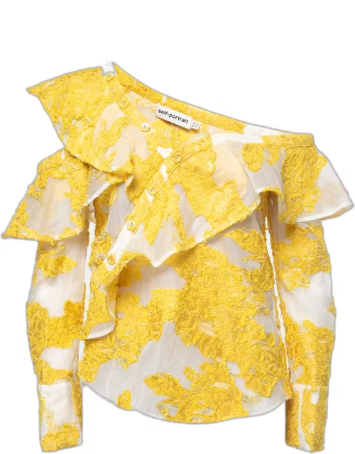 Self-Portrait Yellow Floral Embroidered Mesh Ruffled Top