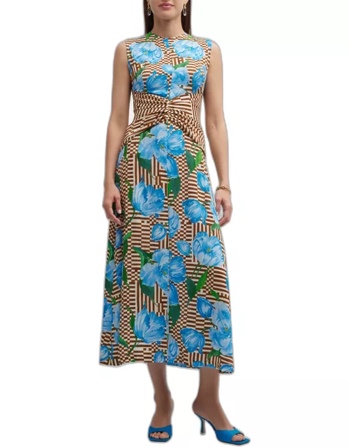 Check Floral-Print Sleeveless Ruched Midi Dres