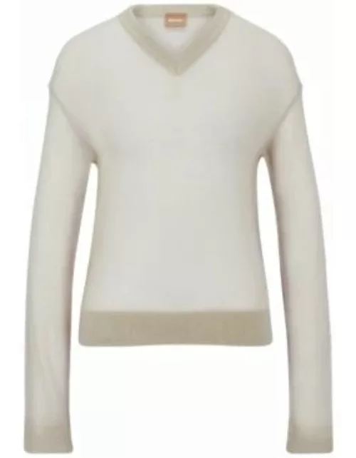 V-neck sweater in a sheer knit- Light Beige Women's Sweater