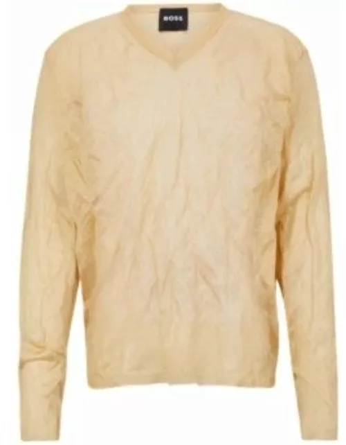 V-neck sweater in a crinkled knit with metalized fibres- Light Beige Men's Sweater