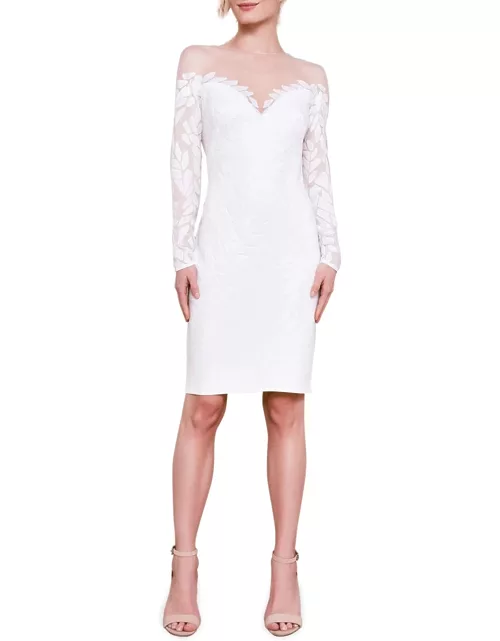 Sequin-Embroidered Long-Sleeve Illusion Dres