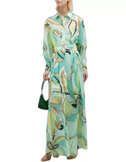 Narcisa Tie-Belt Floral Voile Maxi Shirtdres