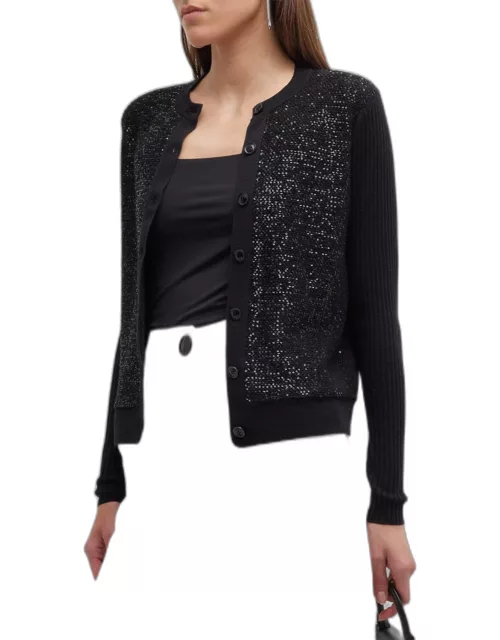 Sequin-Front Wide Rib Knit Cardigan