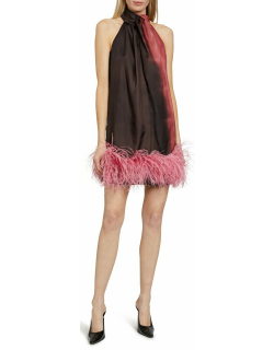 Cynthia Dip-Dyed Halter Mini Dress w/ Feather Tri
