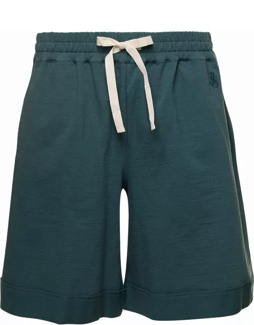 Jil Sander Petrol Green Shorts With Drawstring In Stretch Cotton Man