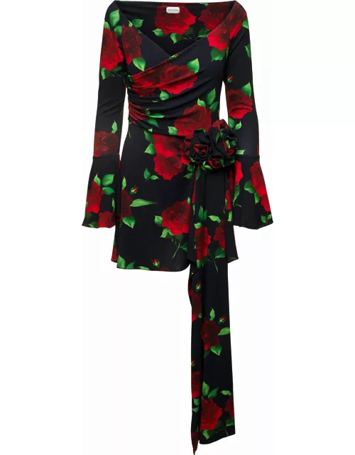 Magda Butrym Black Flared Mini-dress With Floral Print All-over In Viscose Woman