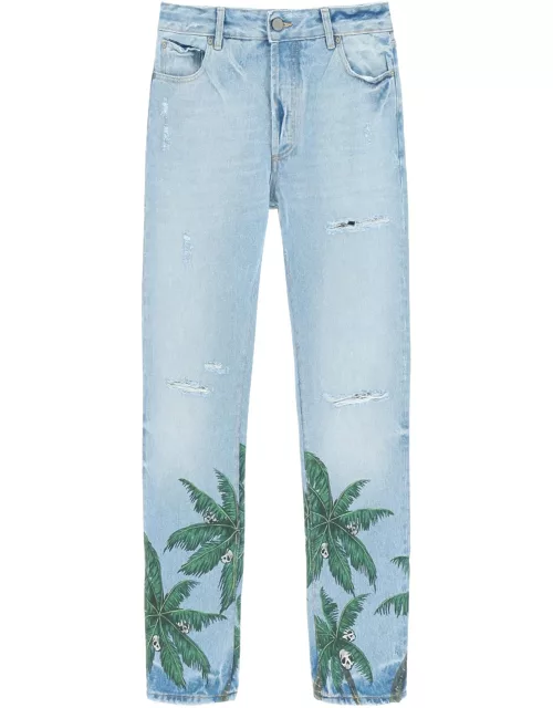 Palm Angels Palm Tree Print Regular Fit Jeans In Distressed Deni