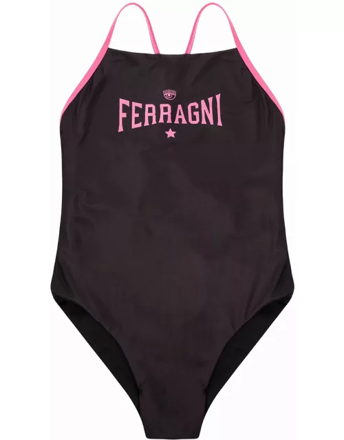 Chiara Ferragni Brown Swimsuit With Logo Print On The Front In Stretch Polyester Woman