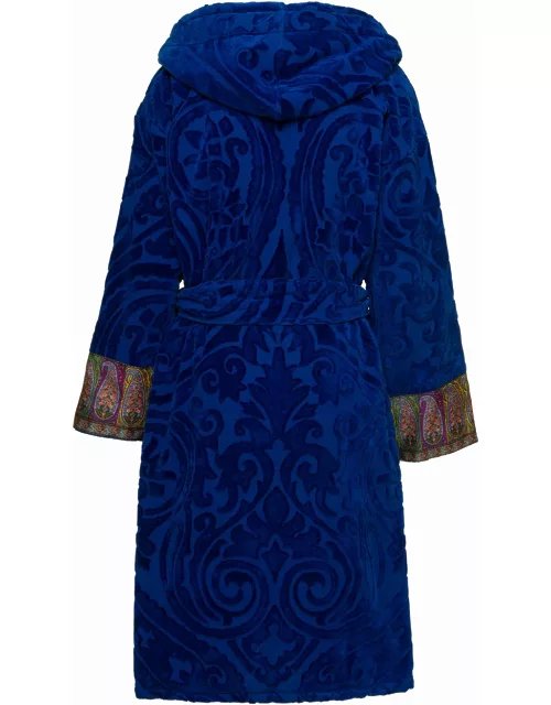 new Tradition Blue Hooded Bath Robe With Ornamental Print Etro Home