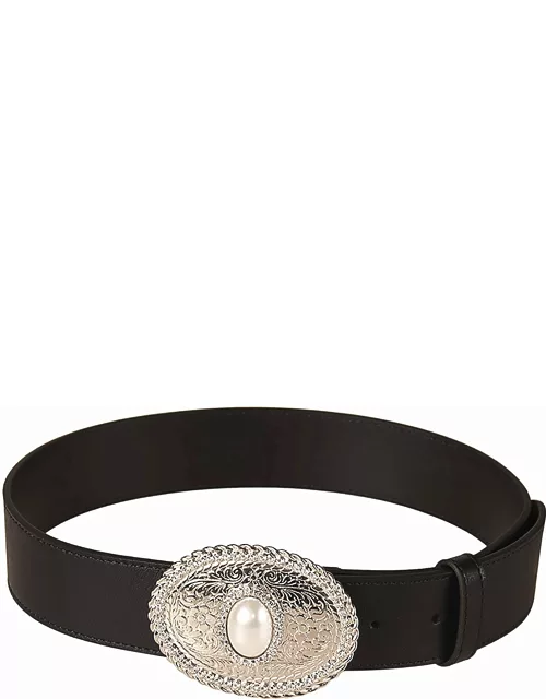 Alessandra Rich Oval Buckle Pearl Detail Leather Belt