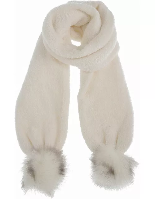 Dents Knitted Scarf With Faux Fur Pom Poms In White