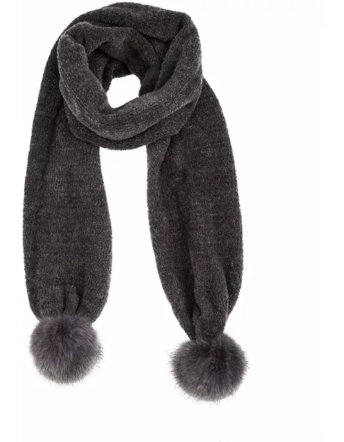 Dents Knitted Scarf With Faux Fur Pom Poms In Grey