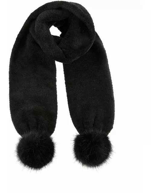 Dents Knitted Scarf With Faux Fur Pom Poms In Black