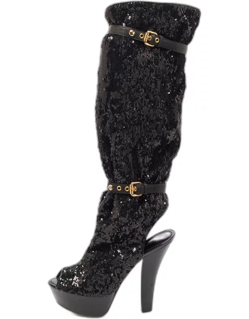 Louis Vuitton Black Sequins Platform Knee Length Boot