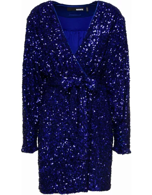 Rotate by Birger Christensen Mini Blue Wrap Dress With All-over Sequins In Stretch Polyester Woman Rotate