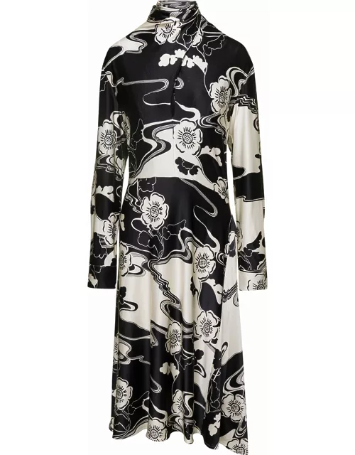 Jil Sander Midi Black And White Floreal Printed Dress With High Neck In Viscose Blend Woman