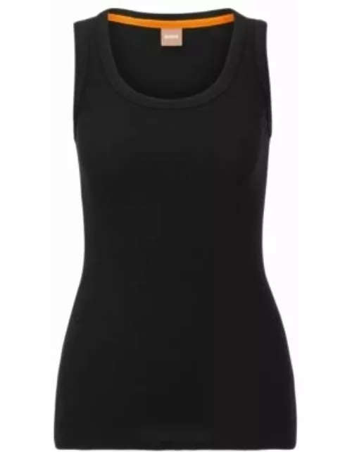 Scoop-neck top with logo embroidery- Black Women's Casual Top