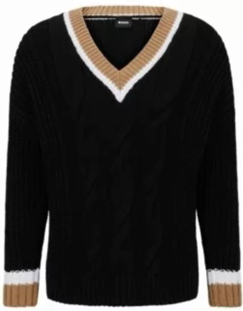 Cotton-blend V-neck sweater with cabled structure- Black Men's Sweater
