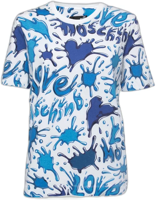 Love Moschino White/Blue Splash Printed Cotton T Shirt