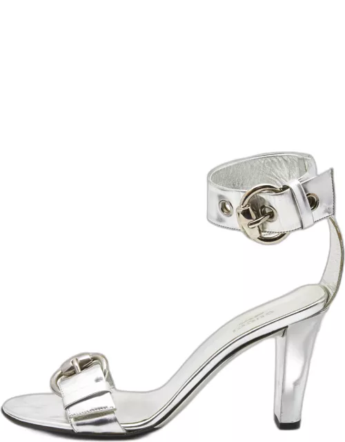 Gucci Silver Leather Ankle Strap Sandal