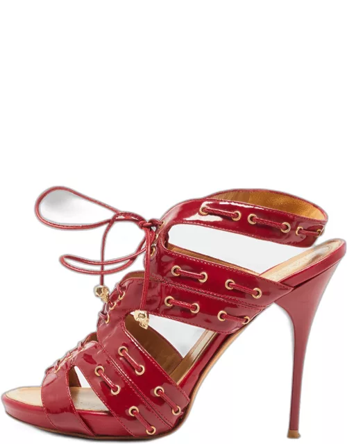 Alexander McQueen Red Patent Leather Lace Up Ankle Strap Sandal