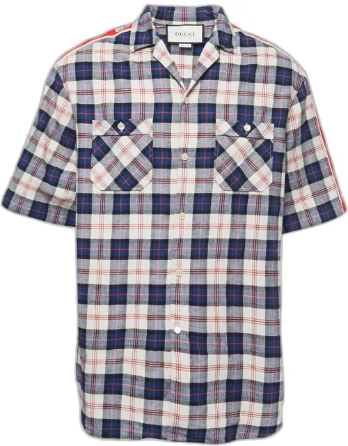 Gucci Blue Checked Cotton & Linen Logo Band Detail Short-Sleeve Shirt
