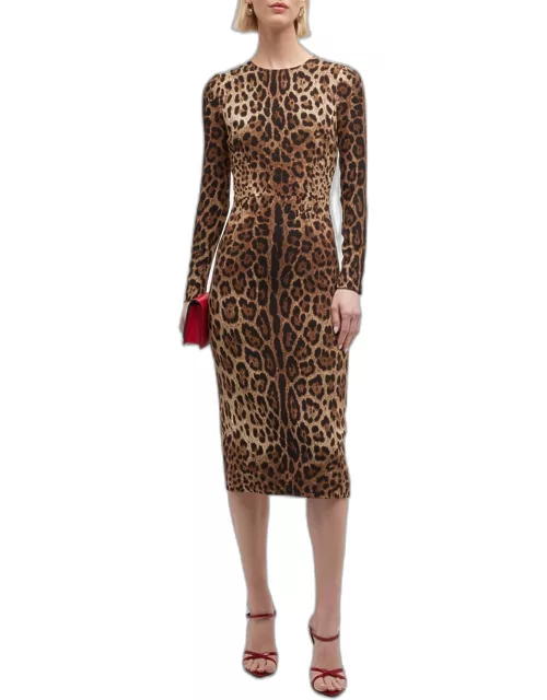 Leopard-Print Long-Sleeve Midi Dres