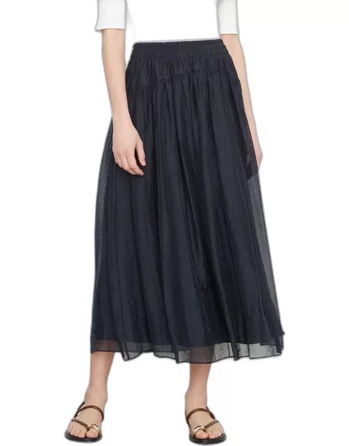 Smocked-Waist Midi Skirt with Pocket
