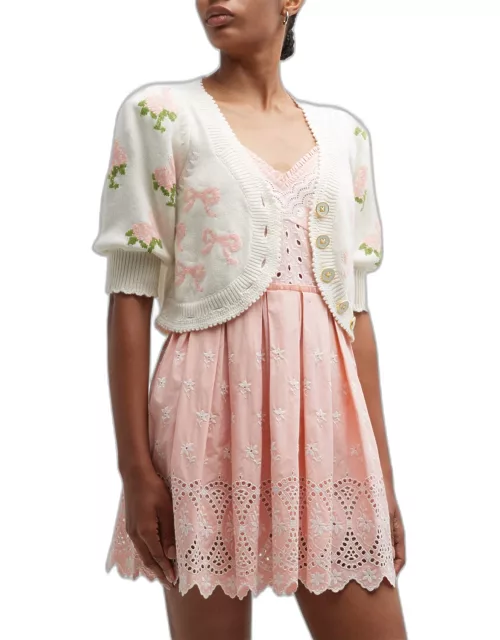 Malibu Short Bishop-Sleeve Floral Cropped Cardigan
