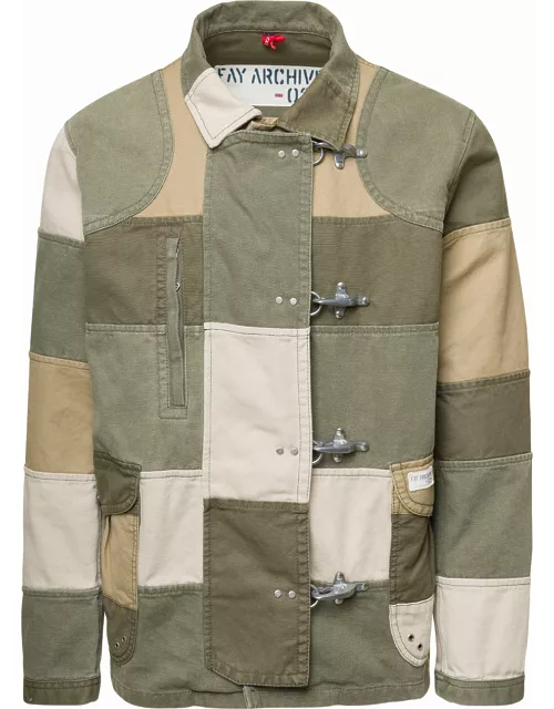 Fay Khaki Green Patchwork Jacket With Buckles In Cotton Man