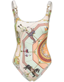 Tory Burch Clip Tank Swimsuit With Graphic Print All-over Beige In Nylon Woman