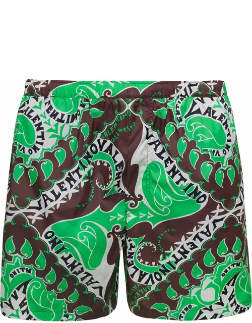 Valentino Green Swim Trunks With Bandana Archive Print All-over In Nylon Man