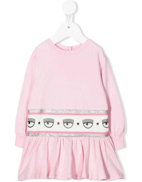 Chiara Ferragni Light Pink Sweater Dress In Cotton With Embossed Logo On The Waist