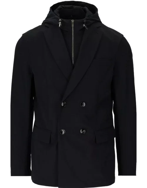 Emporio Armani Blue Double-breasted Hooded Jacket