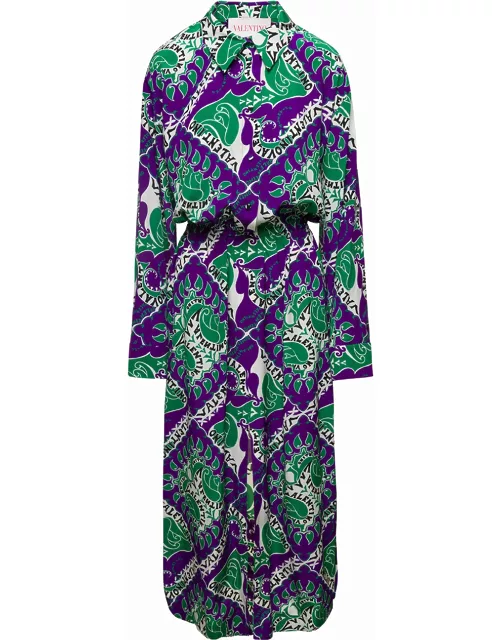 Valentino Multicolor Maxi-shirt-dress With Logo Graphic Print All-over In Silk Woman