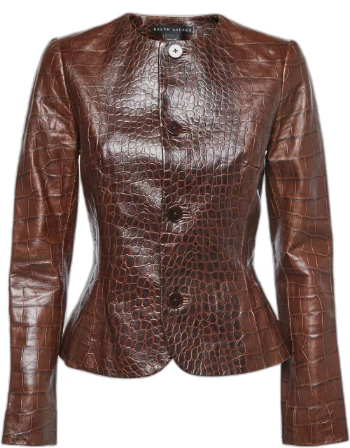 Ralph Lauren Brown Embossed Leather Round-neck Jacket