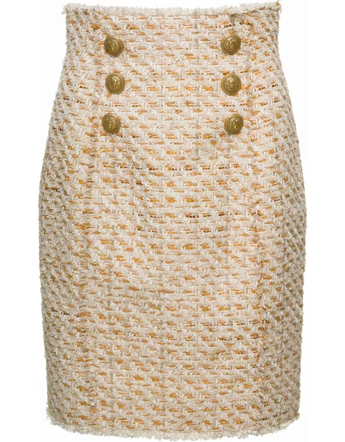 Balmain Beige Tweed Skirt With Front Golden Buttons In Cotton Blend Woman