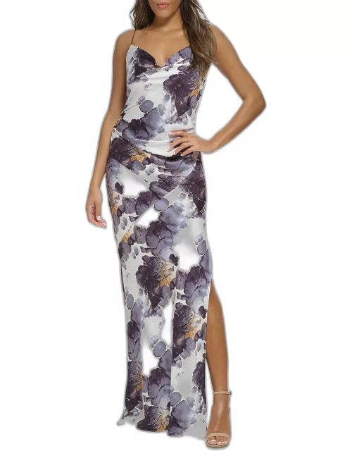 Ruched Abstract-Print Cowl-Neck Maxi Dres