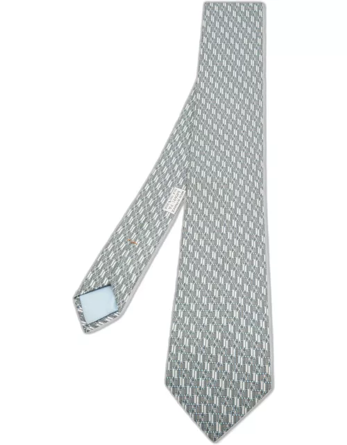 Hermes Grey/Blue Printed Silk Tie