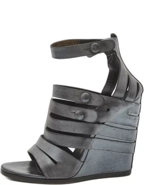 Balenciaga Grey Leather Wedge Ankle Strap Sandal